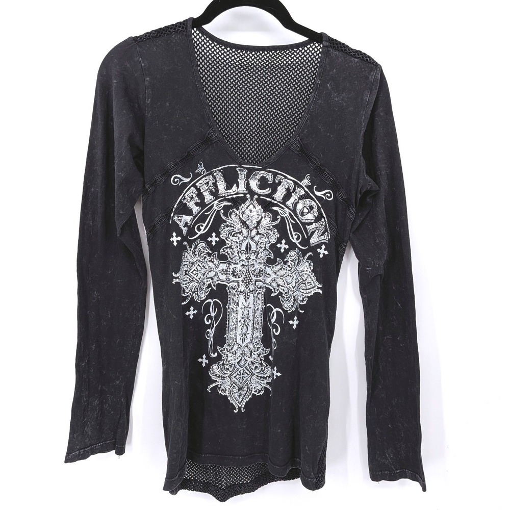 Affliction Long Sleeve Mesh Top Women Small Black Gothic‎ Cross Y2K Grunge Emo